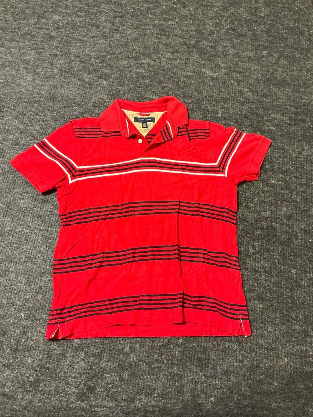 Tommy Hilfiger Polo Shirt Mens SizeLarge Short Sleeve Red Striped Casual Logo